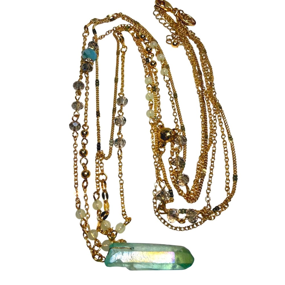 CHARMING CHARLIE Gold Tone Layered Body Chain Necklace Aqua Crystal Point Boho